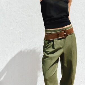NWT ZARA Green Khaki Linen Straight Leg Pants size XL
